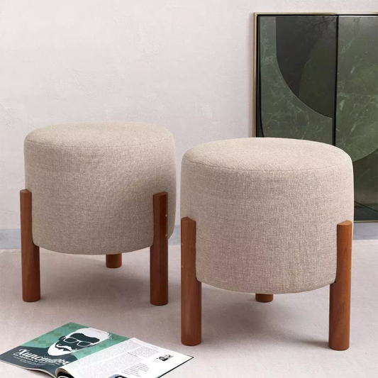 Kit Puff Sala Banquinho Banqueta Linho Luxo Pés Madeira Maciça