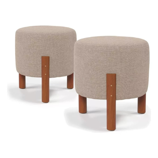 Kit Puff Sala Banquinho Banqueta Linho Luxo Pés Madeira Maciça