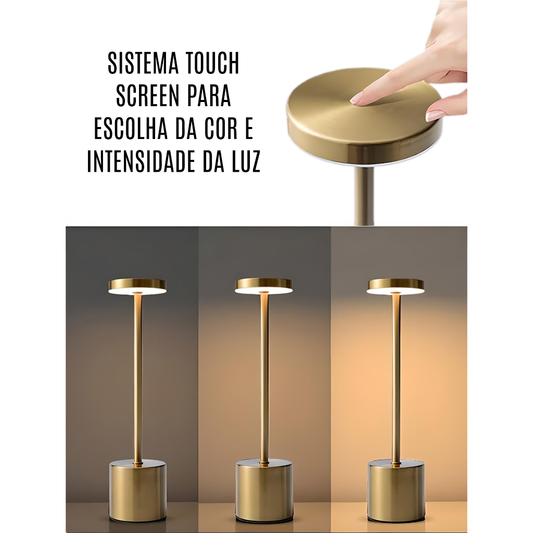 Luminária Abajur de Mesa Led s/ Fio Recarregável Touch Screen c/ Ajuste de Intensidade e Temperatura de Luz Rose Dourada Prata Preto