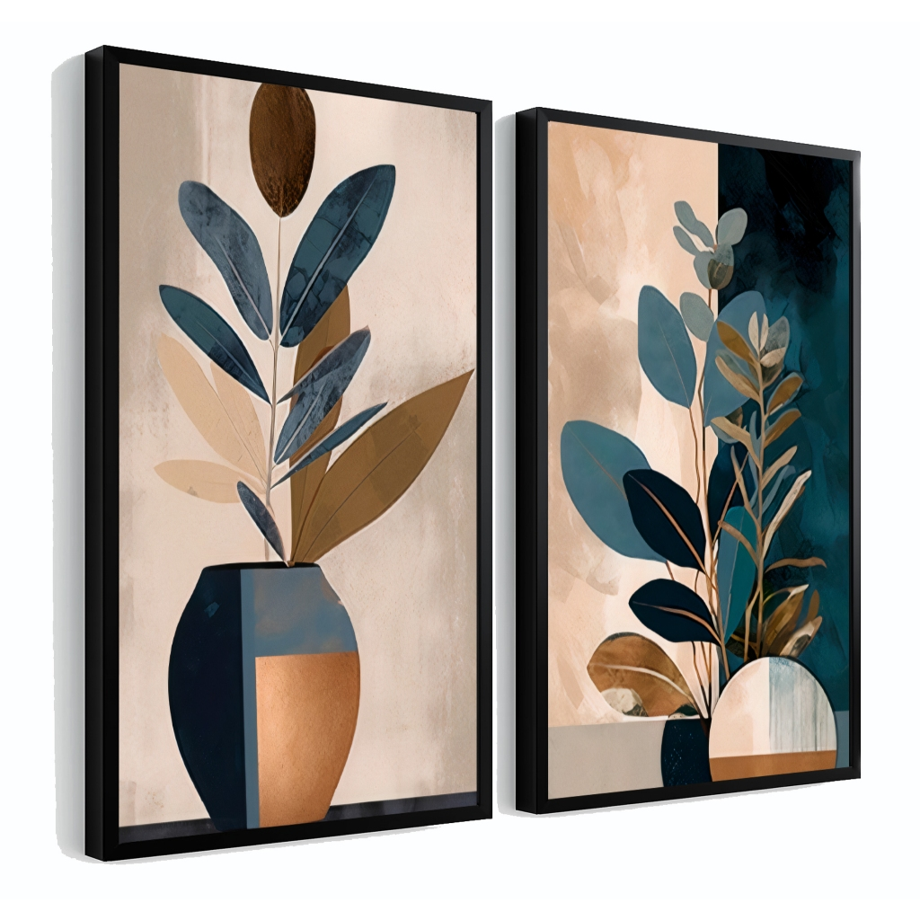 Kit 2 Quadros Moldura Folhagem Abstrato