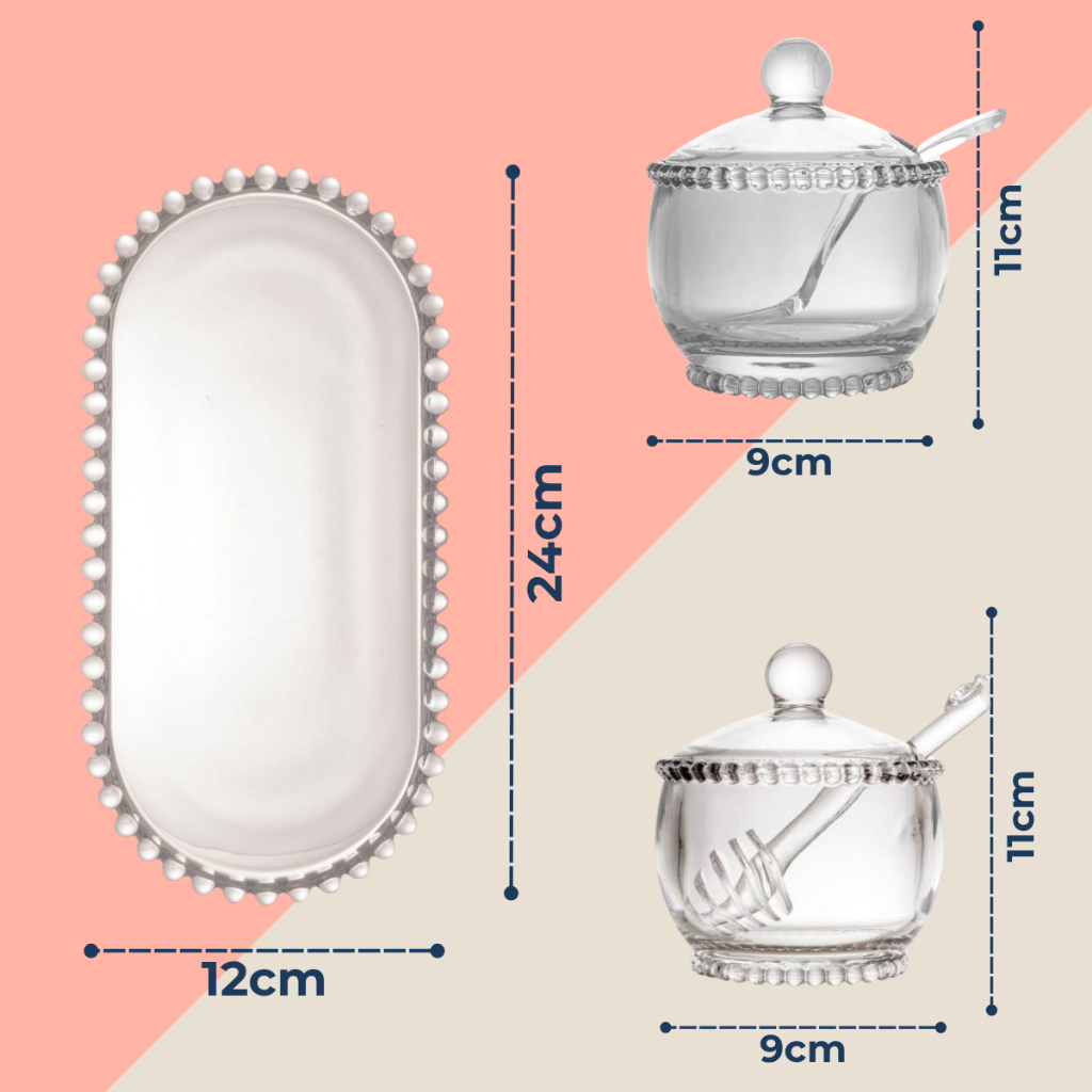 Kit 3 Peças Açucareiro Meleira E Travessa Cristal Pearl Bolinha Wolff