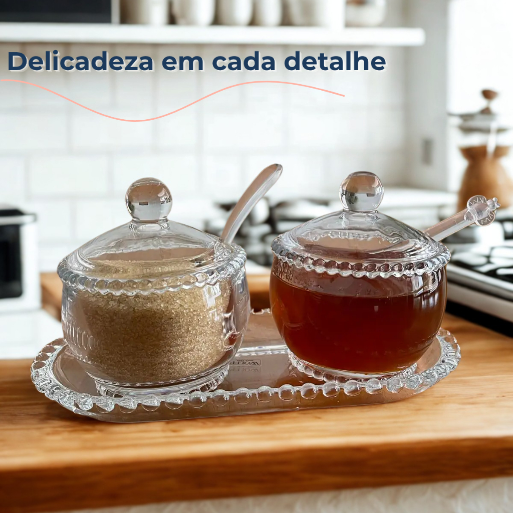 Kit 3 Peças Açucareiro Meleira E Travessa Cristal Pearl Bolinha Wolff