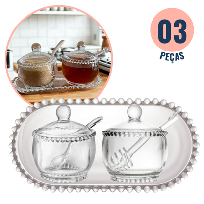 Kit 3 Peças Açucareiro Meleira E Travessa Cristal Pearl Bolinha Wolff