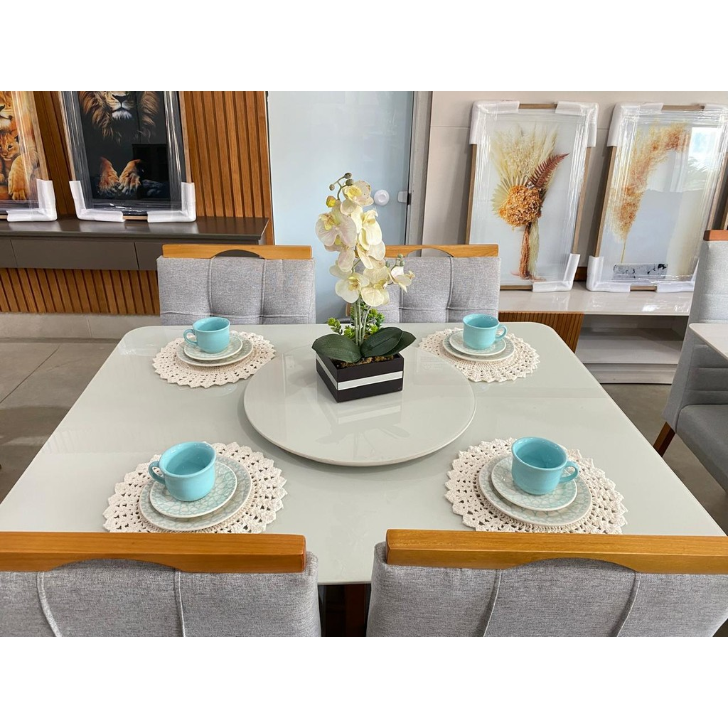 Prato Giratório Amadeirado 50 cm Com Vidro Off White